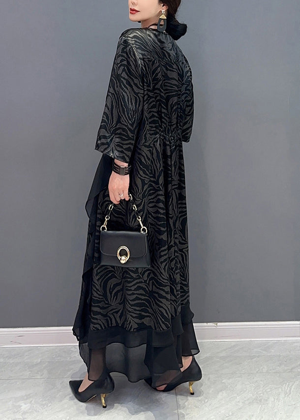 Black Patchwork Silk a Line Dress Ruffles Zebra Pattern Summer