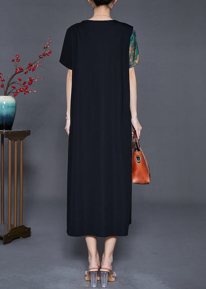 Black Patchwork Silk Dress V Neck Chinese Button Summer