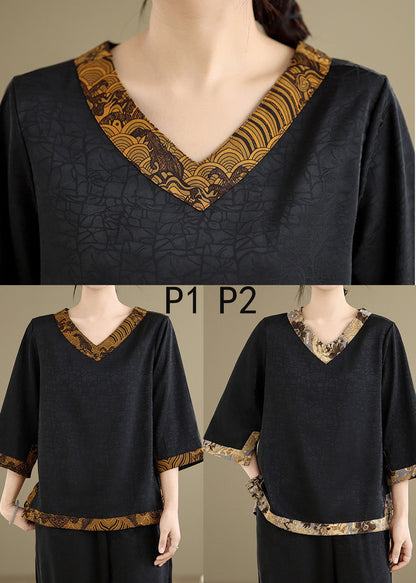 Black Patchwork Silk Tops Oversized Bracelet Sleeve