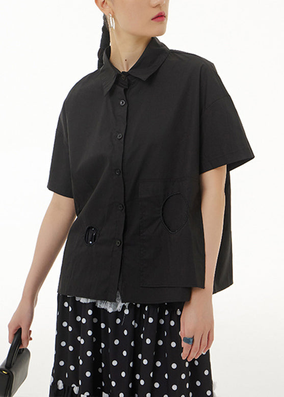 Black Patchwork Cotton Shirt Short Sleeve