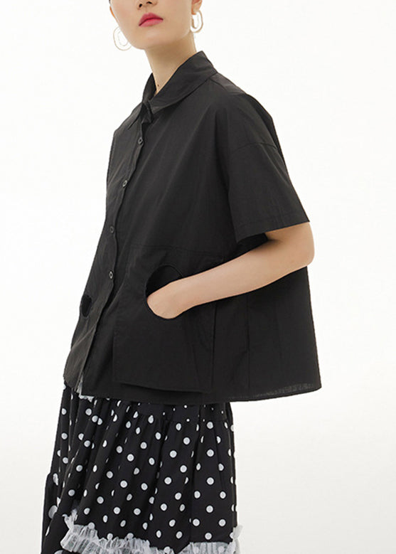 Black Patchwork Cotton Shirt Short Sleeve