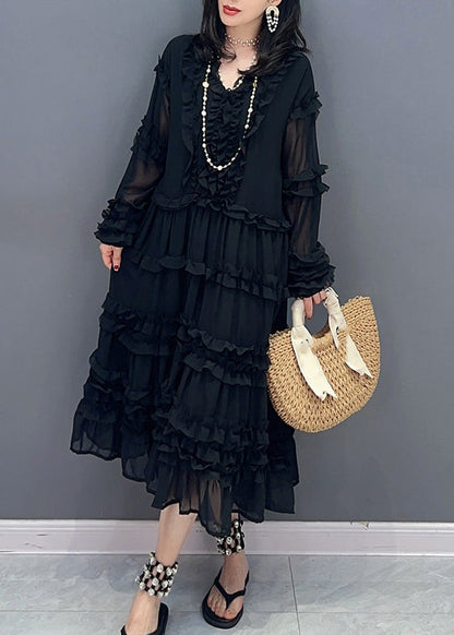 Black Patchwork Holiday Chiffon Maxi Dress Long Sleeve