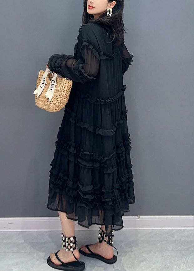 Black Patchwork Holiday Chiffon Maxi Dress Long Sleeve