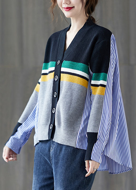Black Patchwork Striped Button Asymmetrical Design Fall Knit Sweater