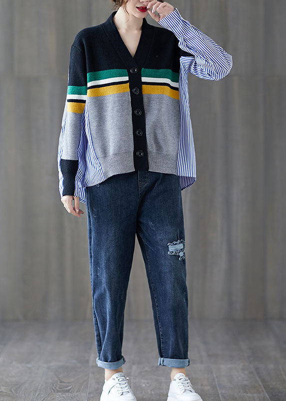 Black Patchwork Striped Button Asymmetrical Design Fall Knit Sweater