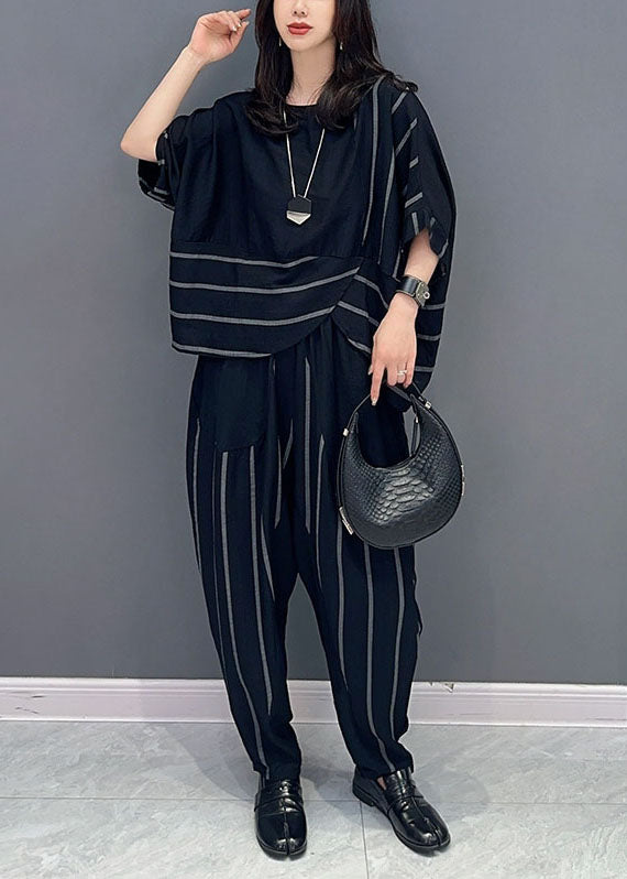 Black Patchwork Tops and Pants Cotton Two-piece Set O-neck Striped Summer