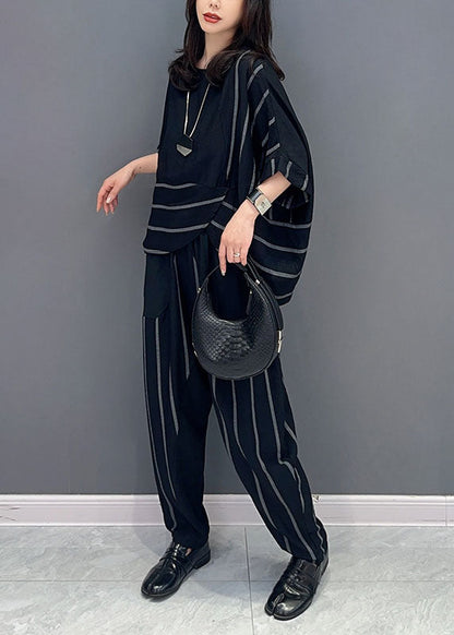 Black Patchwork Tops and Pants Cotton Two-piece Set O-neck Striped Summer