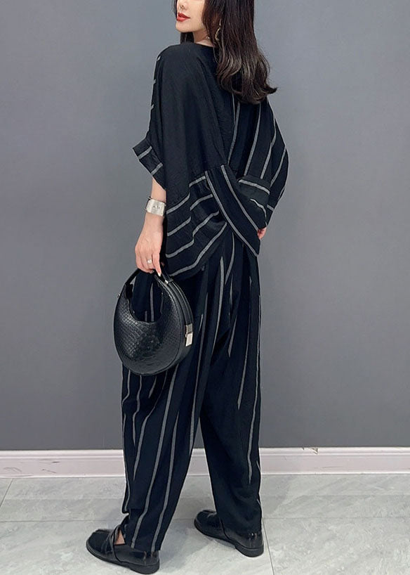 Black Patchwork Tops and Pants Cotton Two-piece Set O-neck Striped Summer