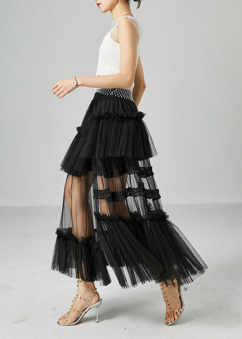 Black Patchwork Tulle a Line Skirts Wrinkled Exra Large Hem Summer