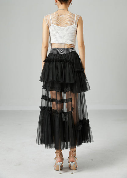 Black Patchwork Tulle a Line Skirts Wrinkled Exra Large Hem Summer