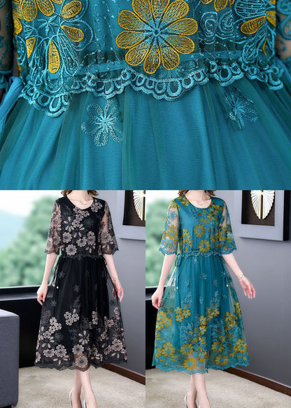 Black Patchwork Tulle Holiday Dress O-neck Embroideried Half Sleeve
