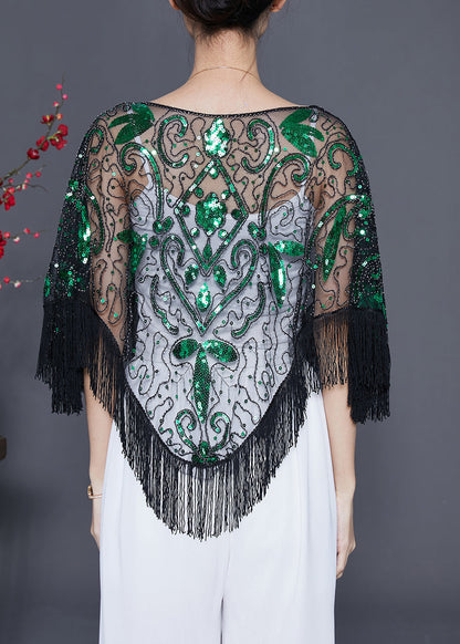 Black Patchwork Tulle Smock Sequins Tassel Summer