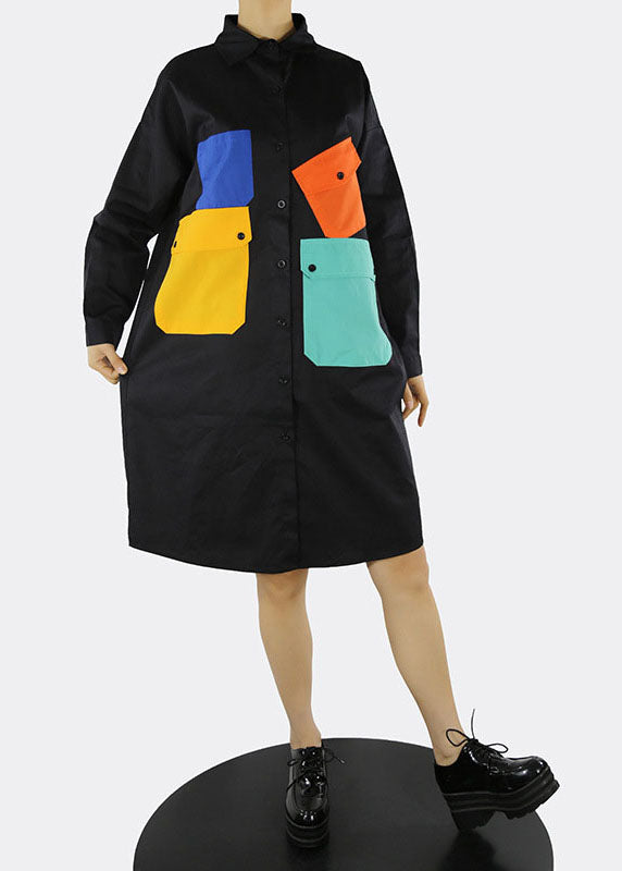 Black Patchwork Vacation Shirt Dresses Pockets Spring