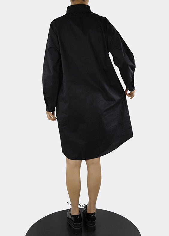 Black Patchwork Vacation Shirt Dresses Pockets Spring