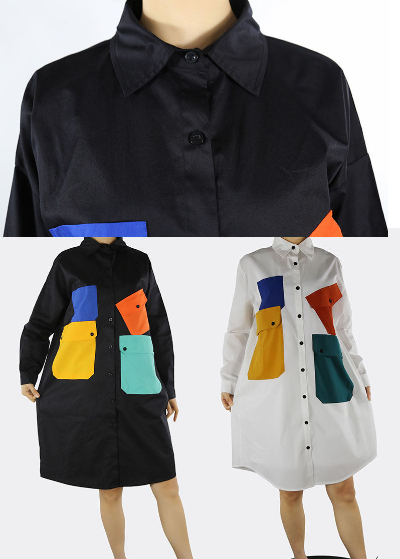 Black Patchwork Vacation Shirt Dresses Pockets Spring