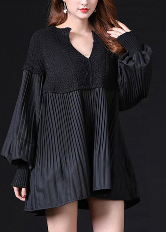 Black Patchwork Wrinkled Loose Knitted Tops Long Sleeve