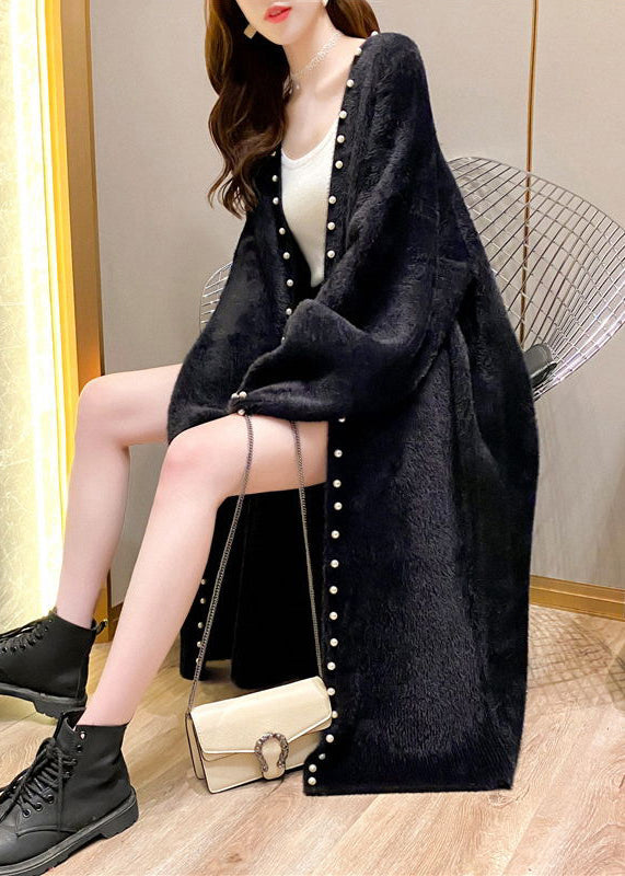 Black Pearl Cozy Knit Spring Coat V Neck