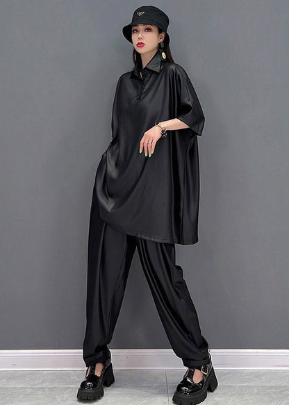 Black Peter Pan Collar T Shirt and Beam Pants Two Pieces Set Summer