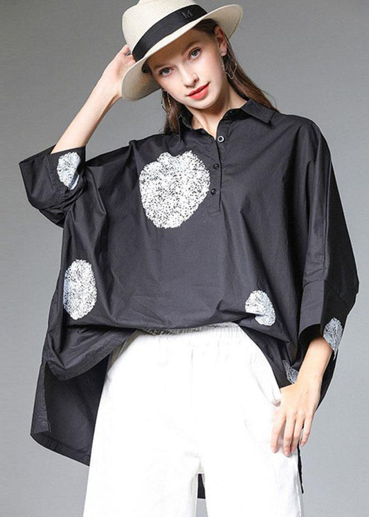 Black Peterpan Collar Button Fall Cotton Shirt Half Sleeve