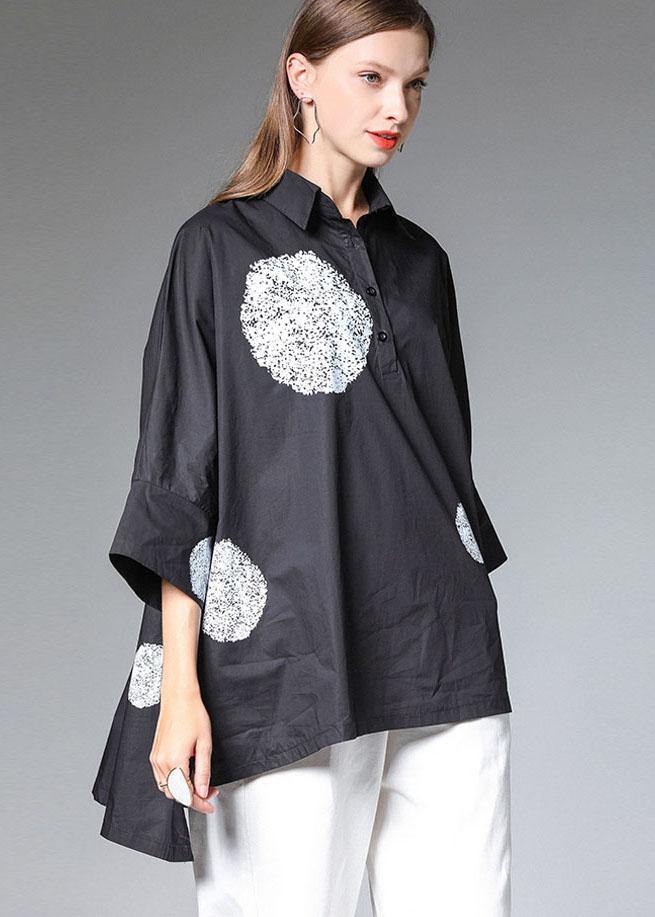 Black Peterpan Collar Button Fall Cotton Shirt Half Sleeve