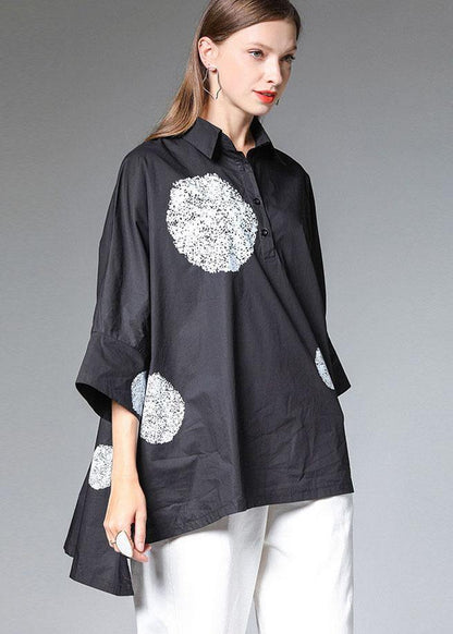 Black Peterpan Collar Button Fall Cotton Shirt Half Sleeve