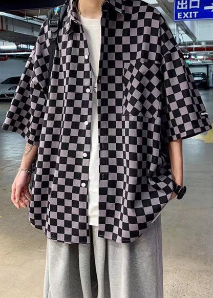Black Plaid Button Cotton Shirts Peter Pan Collar Half Sleeve