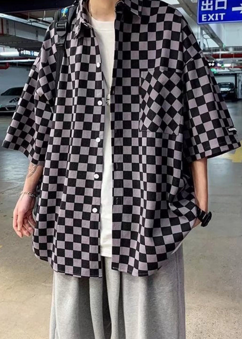 Black Plaid Button Cotton Shirts Peter Pan Collar Half Sleeve