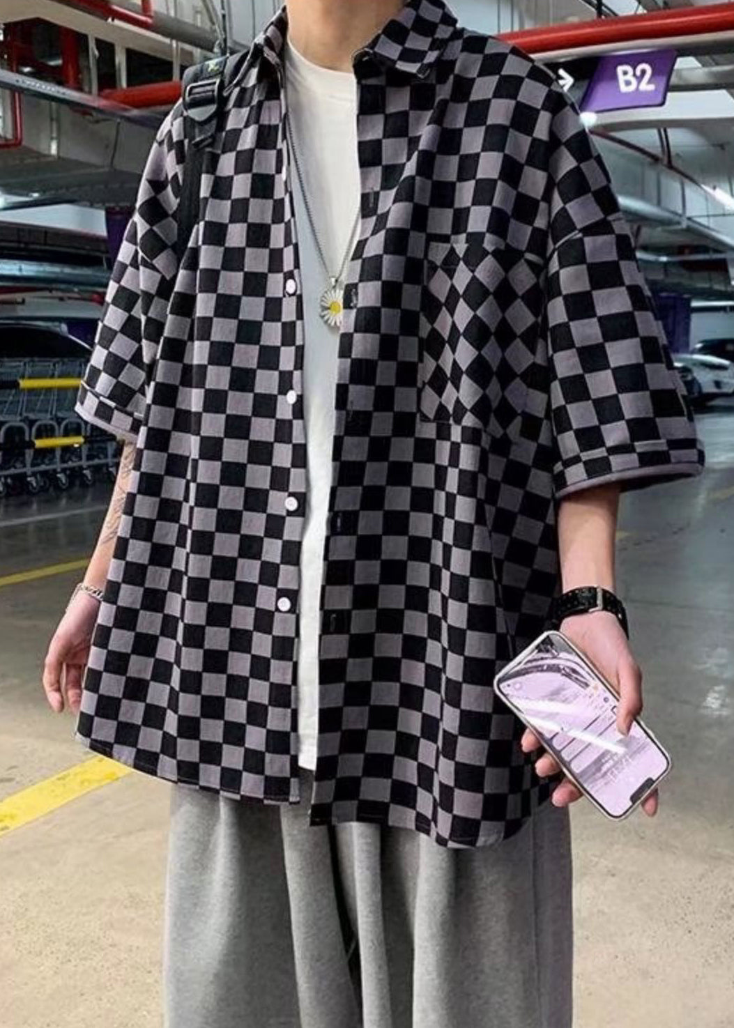 Black Plaid Button Cotton Shirts Peter Pan Collar Half Sleeve
