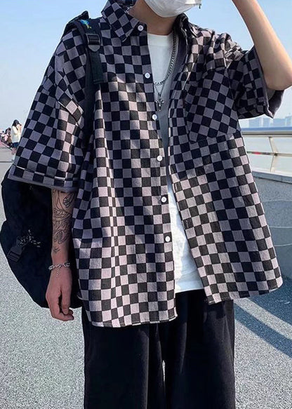 Black Plaid Button Cotton Shirts Peter Pan Collar Half Sleeve