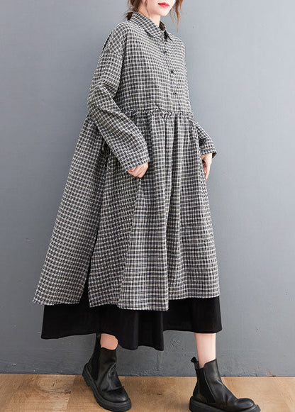 Black Plaid Button Side Open Cotton Dresses Shirts Spring