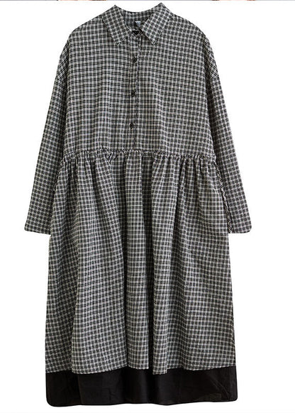 Black Plaid Button Side Open Cotton Dresses Shirts Spring