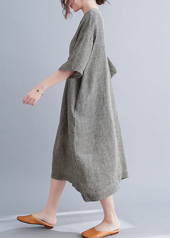 Black Plaid Cotton Holiday Dress O-neck Short Sleeve