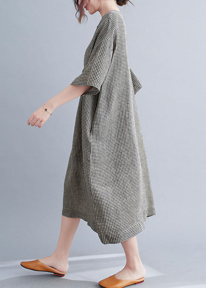 Black Plaid Cotton Holiday Dress O-neck Short Sleeve