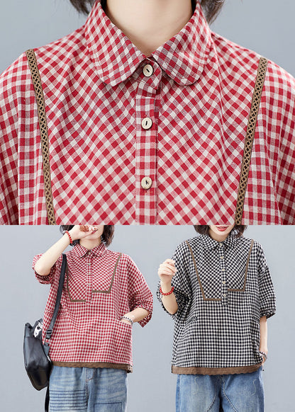 Black Plaid Lace Patchwork Shirt Tops Half Sleeve
