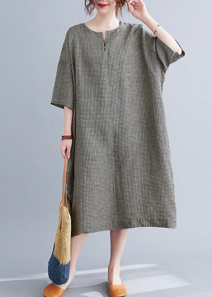 Black Plaid Linen Maxi Dress Oversized O-neck Summer