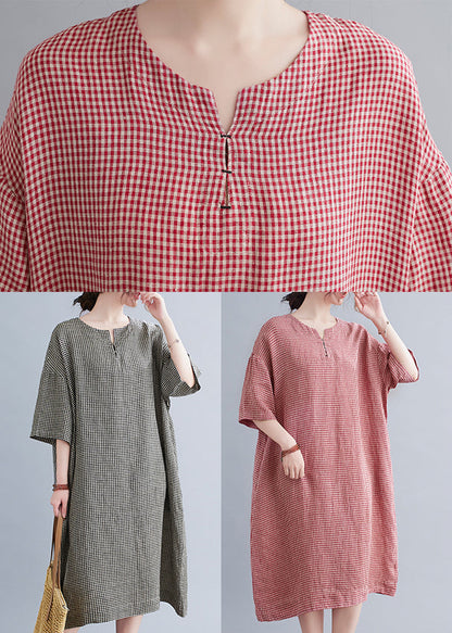 Black Plaid Linen Maxi Dress Oversized O-neck Summer