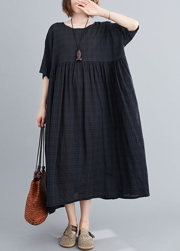 Black Plaid Loose Linen Dress Wrinkled Short Sleeve