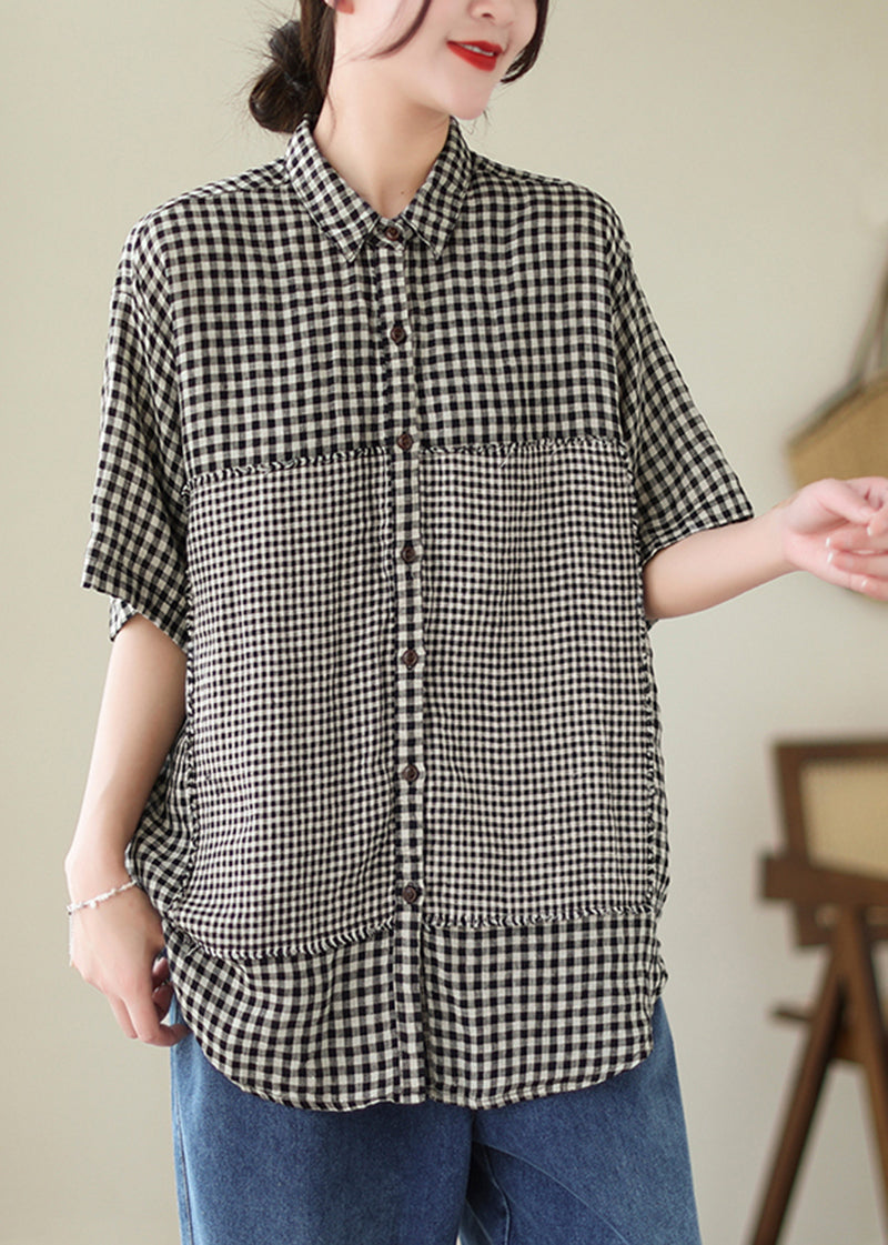 Black Plaid Patchwork Linen Blouse Top Oversized Summer