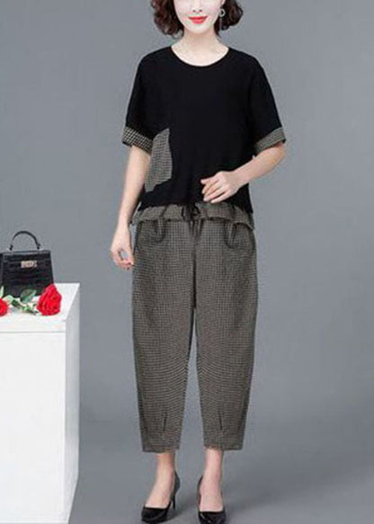 Black Plaid Patchwork Linen Tanks and Harem Pants Two Piece Set Clothing Drawstring Short Sleeve