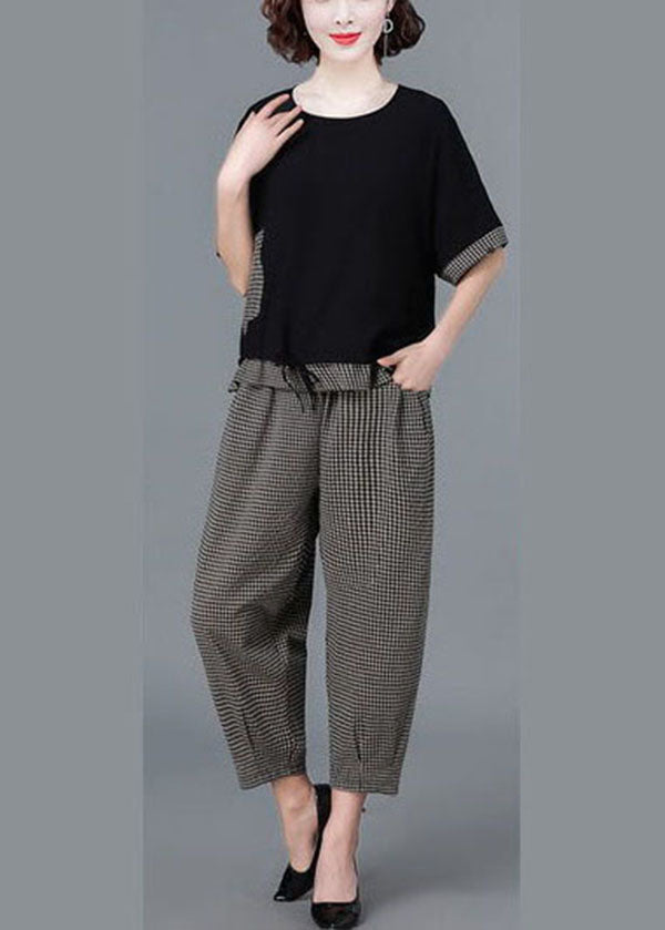 Black Plaid Patchwork Linen Tanks and Harem Pants Two Piece Set Clothing Drawstring Short Sleeve