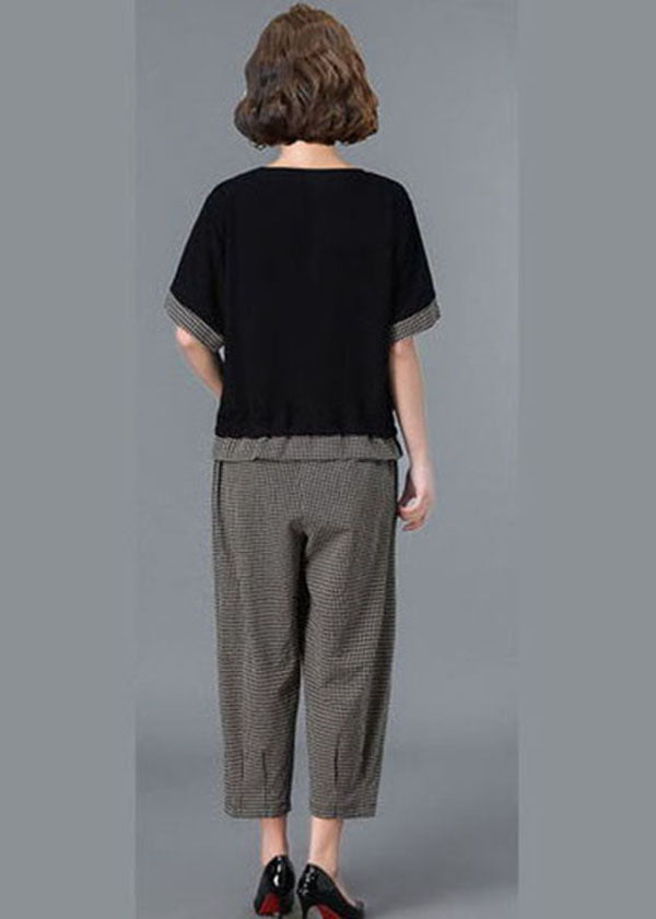 Black Plaid Patchwork Linen Tanks and Harem Pants Two Piece Set Clothing Drawstring Short Sleeve