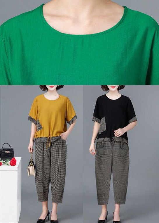 Black Plaid Patchwork Linen Tanks and Harem Pants Two Piece Set Clothing Drawstring Short Sleeve