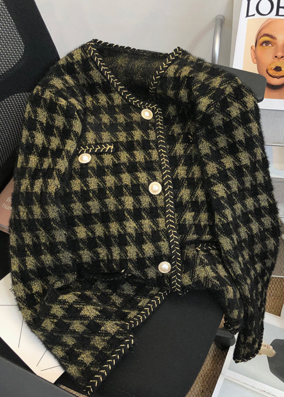 Black Plaid Pockets Patchwork Mink Hair Knitted Coat Fall