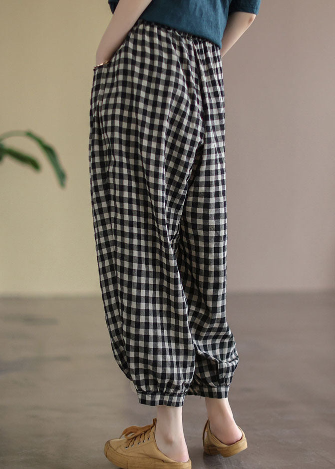 Black Plaid Pockets Linen High Waist Crop Pants Summer