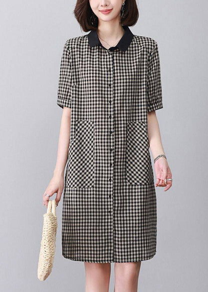Black Plaid Side Open Mid Dresses Short Sleeve