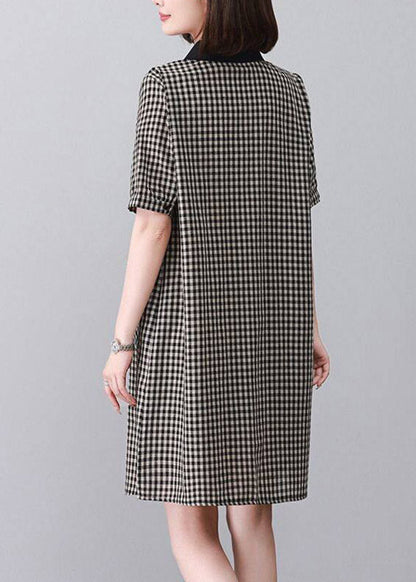 Black Plaid Side Open Mid Dresses Short Sleeve
