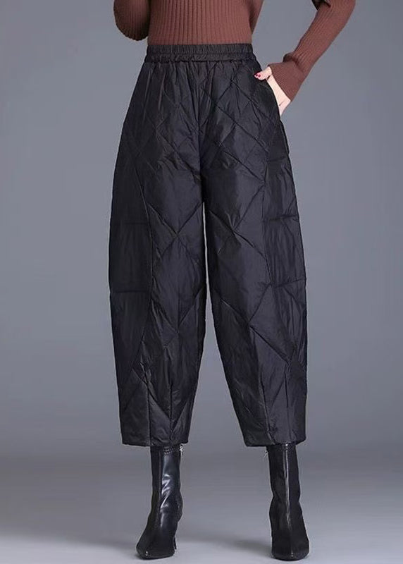 Black Plaid Fine Cotton Filled Crop Pants Elastic Waist