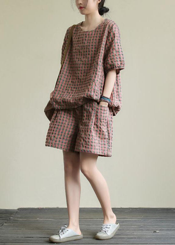 Black Plaid Tops and Shorts Patchwork Cotton Two Piece Set O Neck Summer