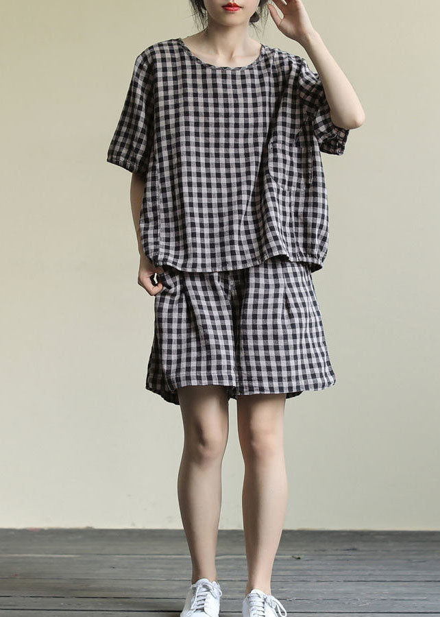 Black Plaid Tops and Shorts Patchwork Cotton Two Piece Set O Neck Summer