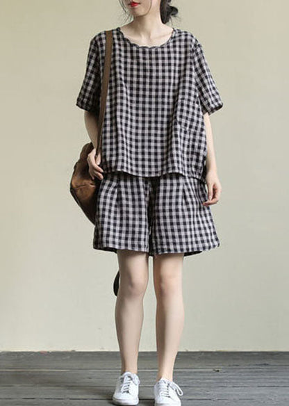 Black Plaid Tops and Shorts Patchwork Cotton Two Piece Set O Neck Summer